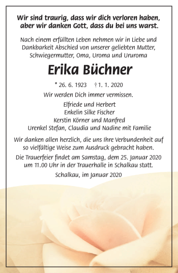 Traueranzeige von Erika Büchner von Südthüringer Presse
