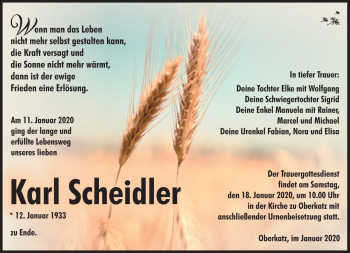 Traueranzeige von Karl Scheidler von Südthüringer Presse