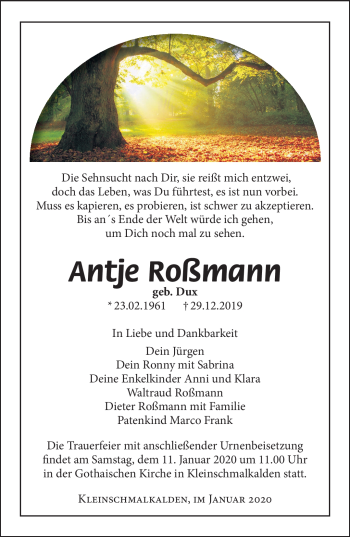 Traueranzeige von Antje Roßmann von Südthüringer Presse