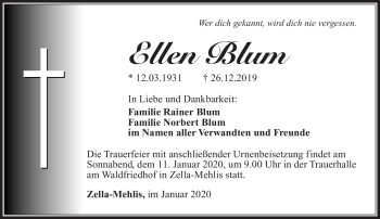 Traueranzeige von Ellen Blum von Südthüringer Presse