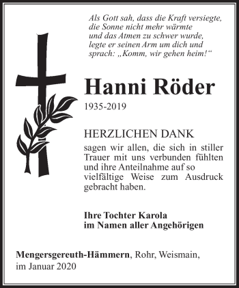 Traueranzeige von Hanni Röder von Südthüringer Presse
