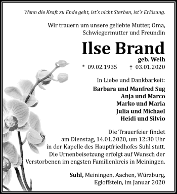Traueranzeige von Ilse Brand von Südthüringer Presse