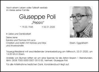 Traueranzeige von Giuseppe Poli von Neue Presse Coburg