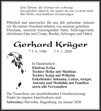 Traueranzeige von Gerhard Krüger von Südthüringer Presse