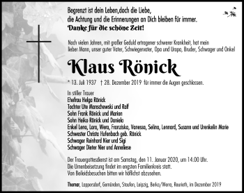 Traueranzeige von Klaus Rönick von Südthüringer Presse