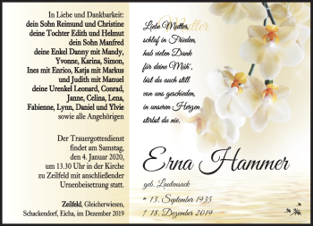 Traueranzeige von Erna Hammer von Südthüringer Presse