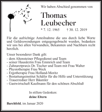 Traueranzeige von Thomas Leubecher von Südthüringer Presse