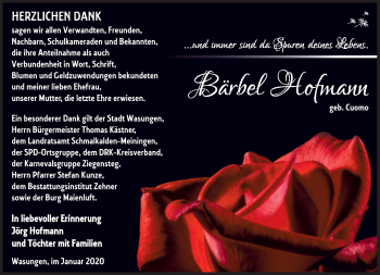 Traueranzeige von Bärbel Hofmann von Südthüringer Presse