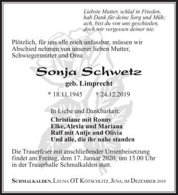 Traueranzeige von Sonja Schwetz von Südthüringer Presse