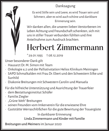 Traueranzeige von Herbert Zimmermann von Südthüringer Presse