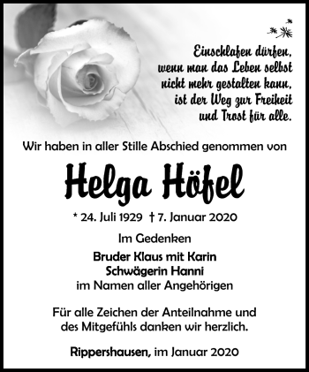 Traueranzeige von Helga Höfel von Südthüringer Presse