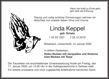 Traueranzeige von Linda Keppel von Frankenpost