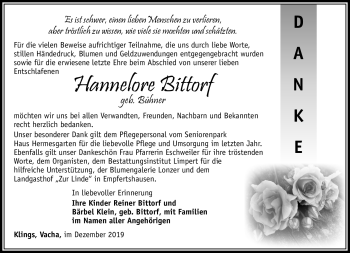 Traueranzeige von Hannelore Bittrof von Südthüringer Presse
