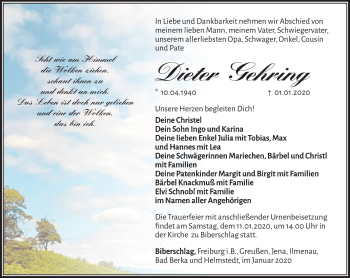Traueranzeige von Dieter Gehring von Südthüringer Presse