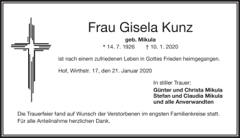 Traueranzeige von Gisela Kunz von Frankenpost