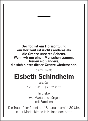 Traueranzeige von Elsbeth Schindhelm von Südthüringer Presse