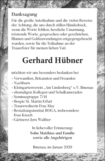 Traueranzeige von Gerhard Hübner von Südthüringer Presse