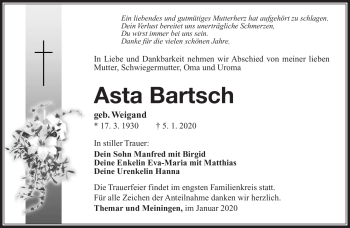 Traueranzeige von Asta Bartsch von Südthüringer Presse