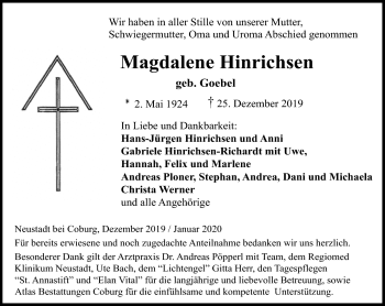 Traueranzeige von Magdalene Hinrichsen von Neue Presse Coburg