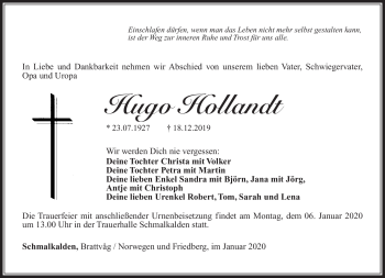 Traueranzeige von Hugo Hollandt von Südthüringer Presse