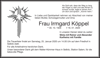 Traueranzeige von Irmgard Köppel von Frankenpost