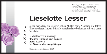 Traueranzeige von Liselotte Lesser von Südthüringer Presse