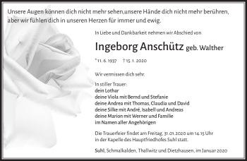 Traueranzeige von Ingeborg Anschütz von Südthüringer Presse