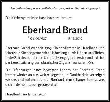 Traueranzeige von Eberhard Brand von Südthüringer Presse