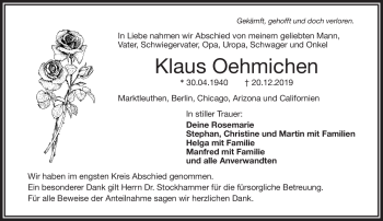 Traueranzeige von Klaus Oehmichen von Frankenpost
