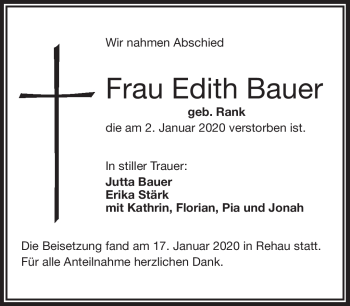 Traueranzeige von Edtih Bauer von Frankenpost