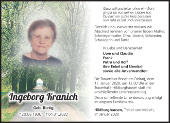 Traueranzeige von Ingeborg Kranich von Südthüringer Presse