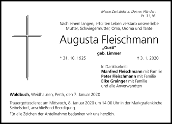 Traueranzeige von Augusta Fleischmann von Neue Presse Coburg