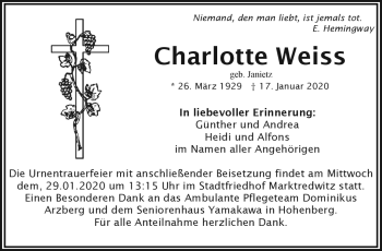 Traueranzeige von Charlotte Weiss von Frankenpost