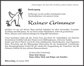 Traueranzeige von Rainer Grimmer von Südthüringer Presse