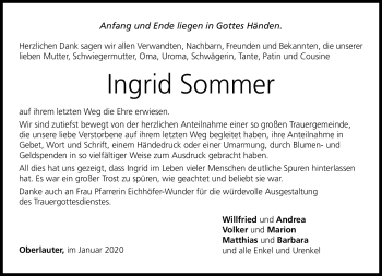 Traueranzeige von Ingrid Sommer von Neue Presse Coburg