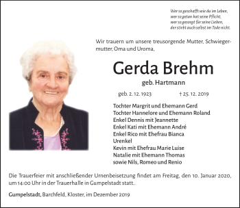 Traueranzeige von Gerda Brehm von Südthüringer Presse