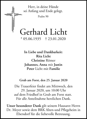 Traueranzeige von Gerhard Licht von Neue Presse Coburg