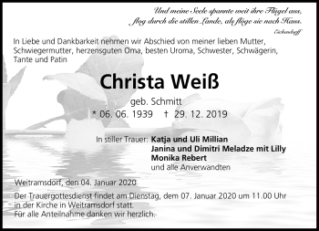 Traueranzeige von Christa Weiß von Neue Presse Coburg