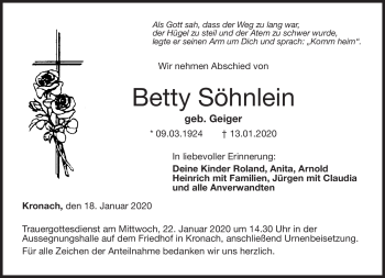 Traueranzeige von Betty Söhnlein von Neue Presse Coburg