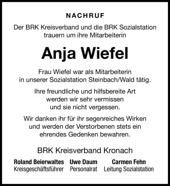 Traueranzeige von Anja Wiefel von Neue Presse Coburg
