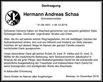 Traueranzeige von Hermann Schaa von Südthüringer Presse