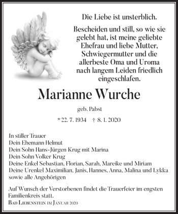 Traueranzeige von Marianne Wurche von Südthüringer Presse