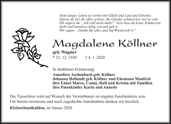 Traueranzeige von Magdalene Köllner von Südthüringer Presse