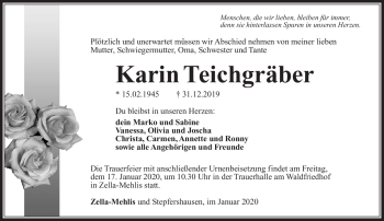 Traueranzeige von Karin Teichgräber von Südthüringer Presse