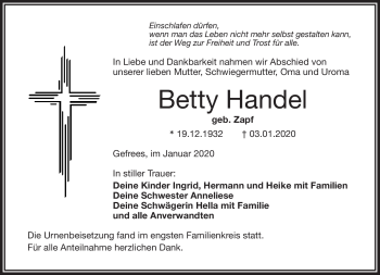 Traueranzeige von Betty Handel von Frankenpost