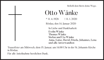 Traueranzeige von Otto Wänke von Frankenpost