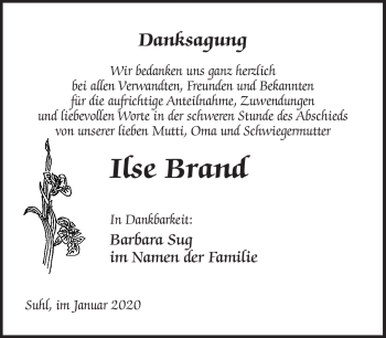 Traueranzeige von Ilse Brand von Südthüringer Presse