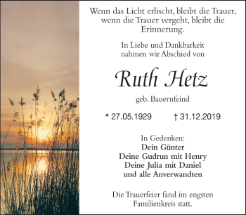 Traueranzeige von Ruth Hetz von Frankenpost