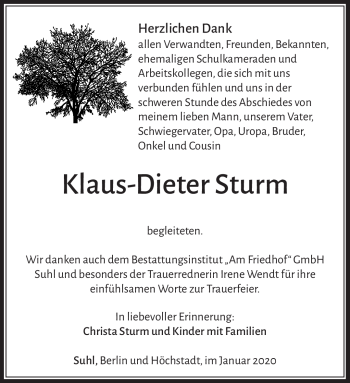 Traueranzeige von Klaus-Dieter Sturm von Südthüringer Presse
