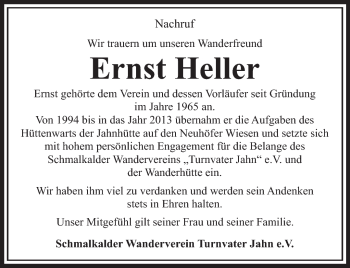 Traueranzeige von Ernst Heller von Südthüringer Presse